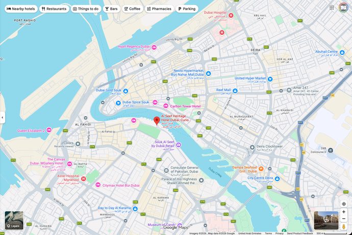Map showing Al Seef Heritage Hotel on Dubai Creek