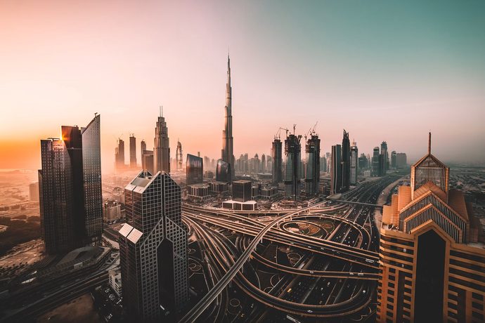 Dubai skyline at sunrise